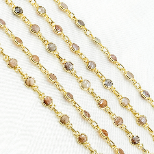Coated Chocolate Moonstone Round Shape Bezel Gold Plated Wire Chain.