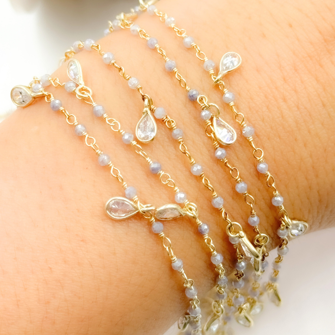 Coated Blue Quartz & CZ Dangle Gold Plated Wire Chain