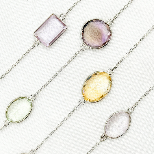 Multi Gemstone Oval Shape Bezel 925 Sterling Silver Wire Chain