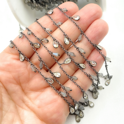 Labradorite Drop & CZ Pear Shape Dangle Oxidized Wire Chain.
