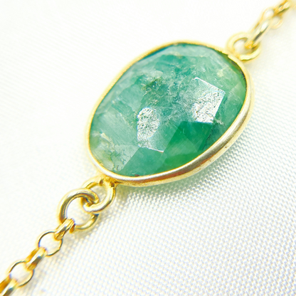 Dyed Emerald Organic Shape Bezel Gold Plated Connected Wire Chain.