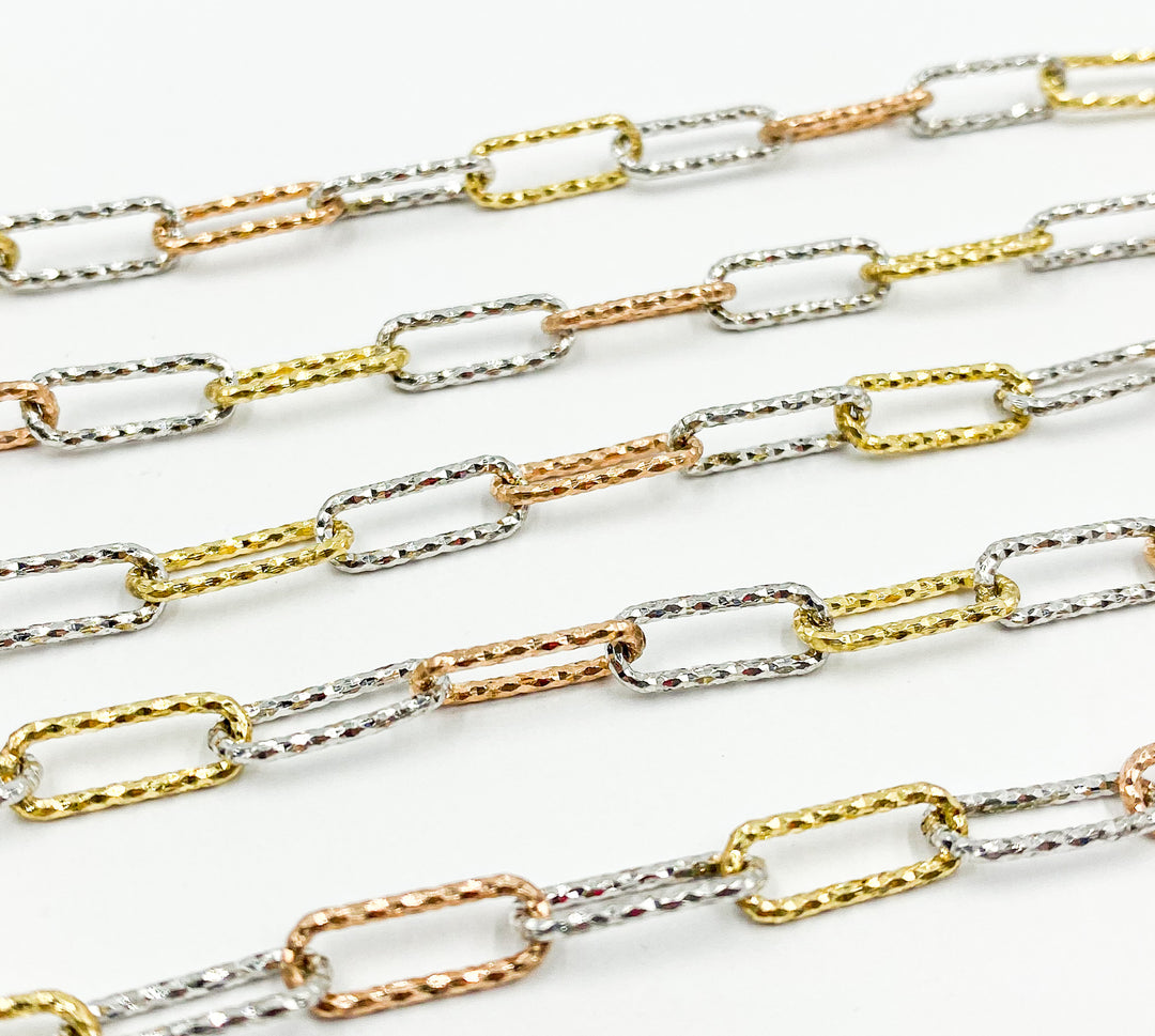 Gold Plated Tricolor Sterling Silver, Diamond Cut Paperclip Link Chain. V9GSR