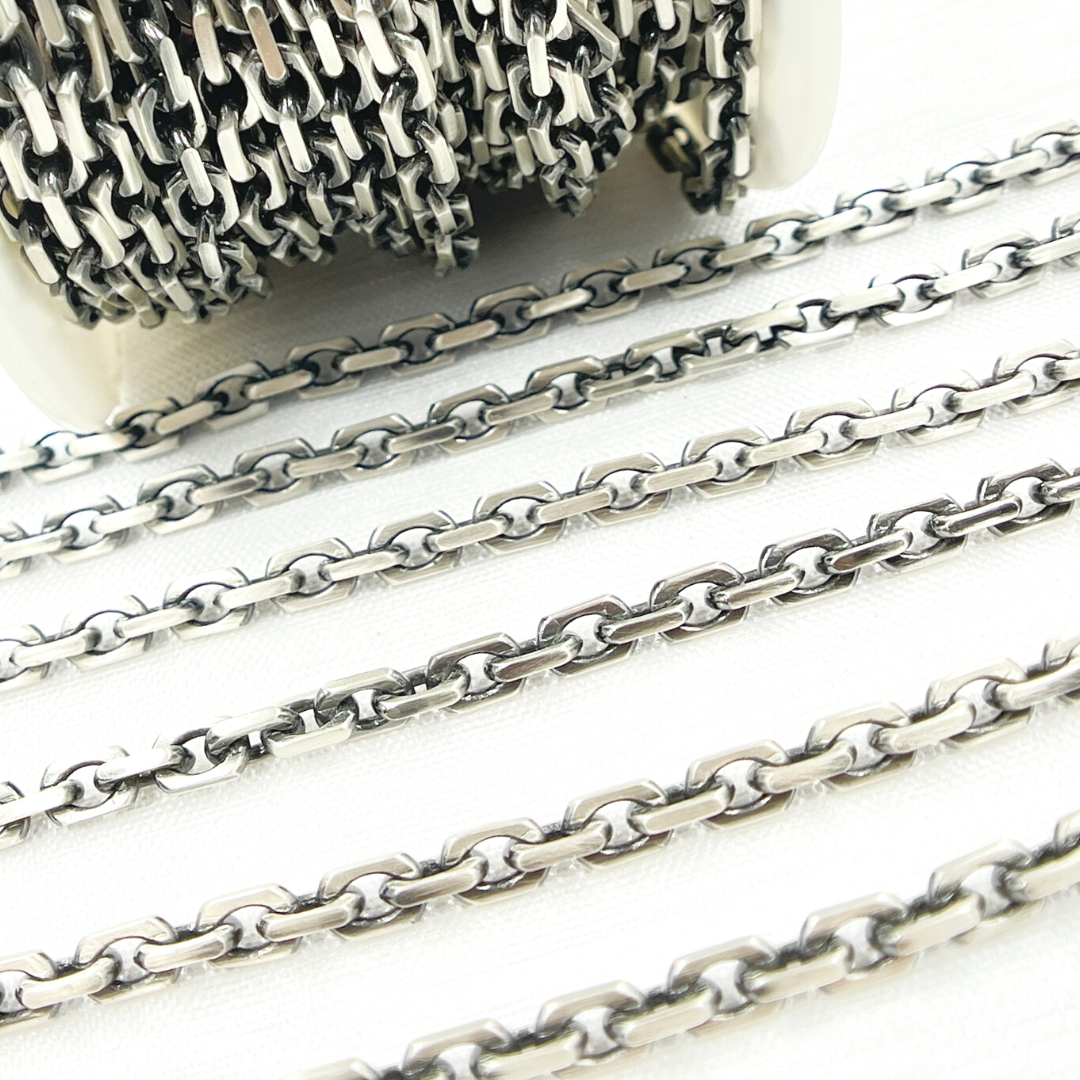 Z90OX. Matt Oxidized 925 Sterling Silver Rectangle Diamond Cut Heavy Cable Chain
