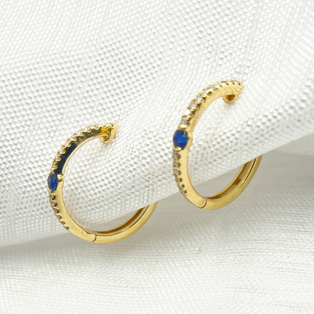 14K Solid Gold Diamond & Blue Sapphire Hoop Earrings