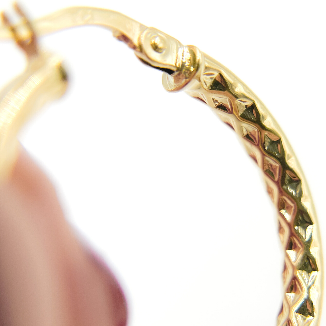 14K Solid Gold Diamond Cut Hoop Earrings with Texture.