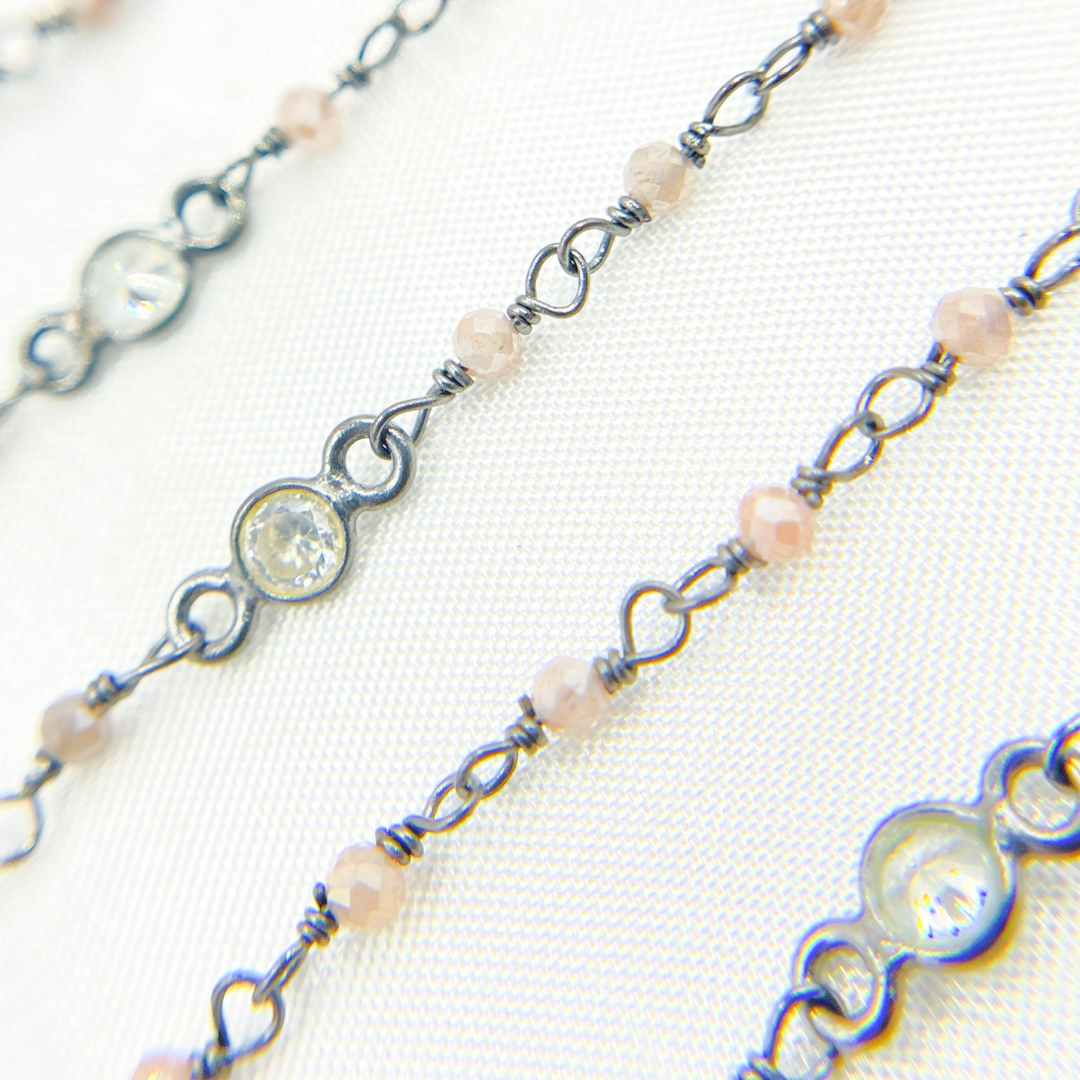 Coated Peach Moonstone & CZ Oxidized Wire Chain.
