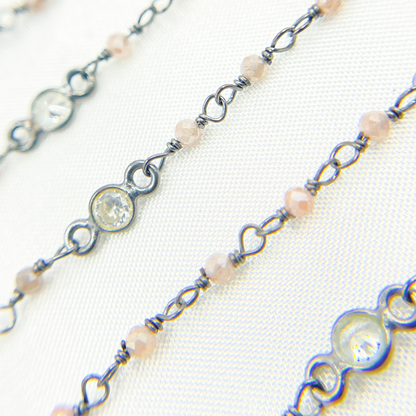 Coated Peach Moonstone & CZ Oxidized Wire Chain.