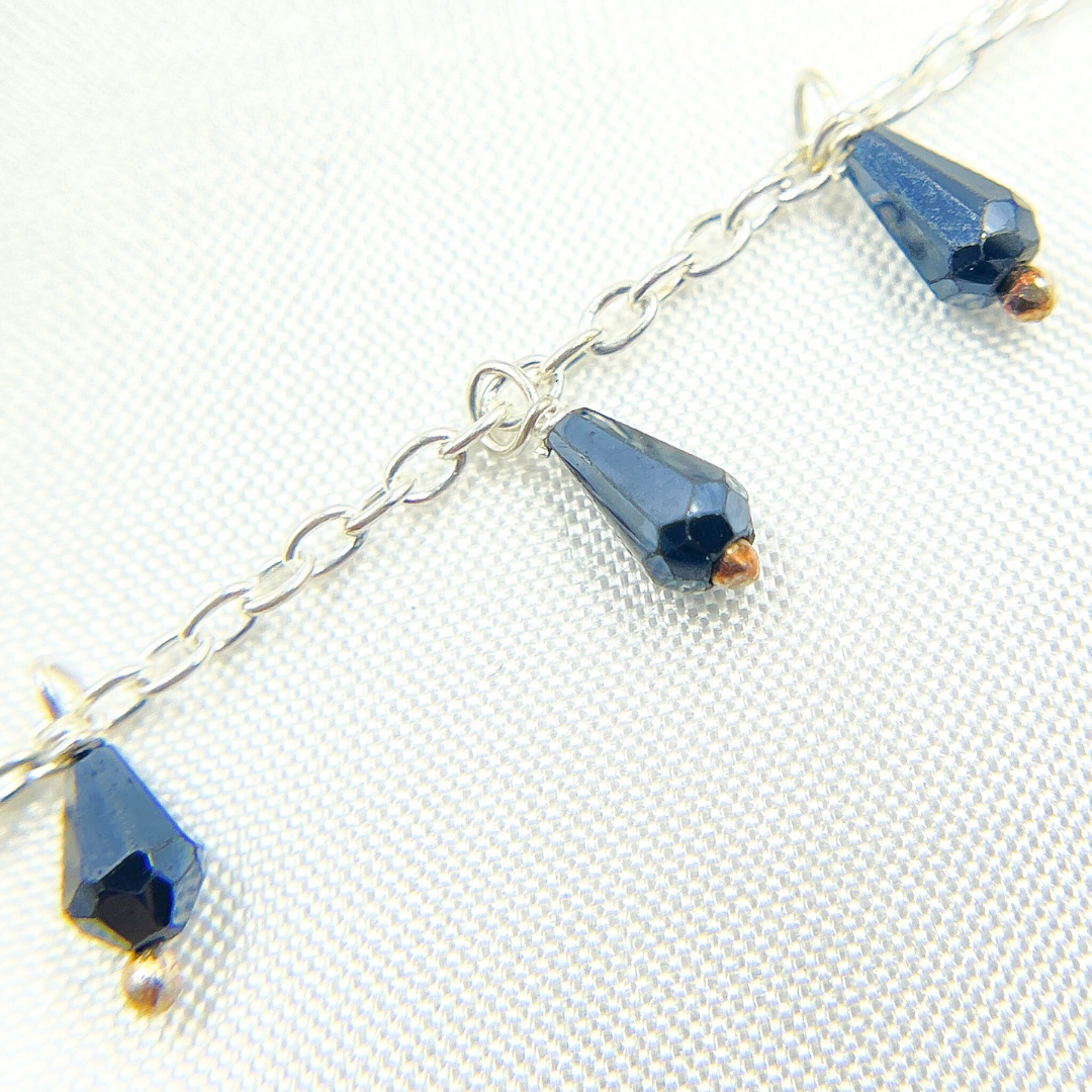 Coated Black Spinel Drop Dangle 925 Sterling Silver Wire Chain.
