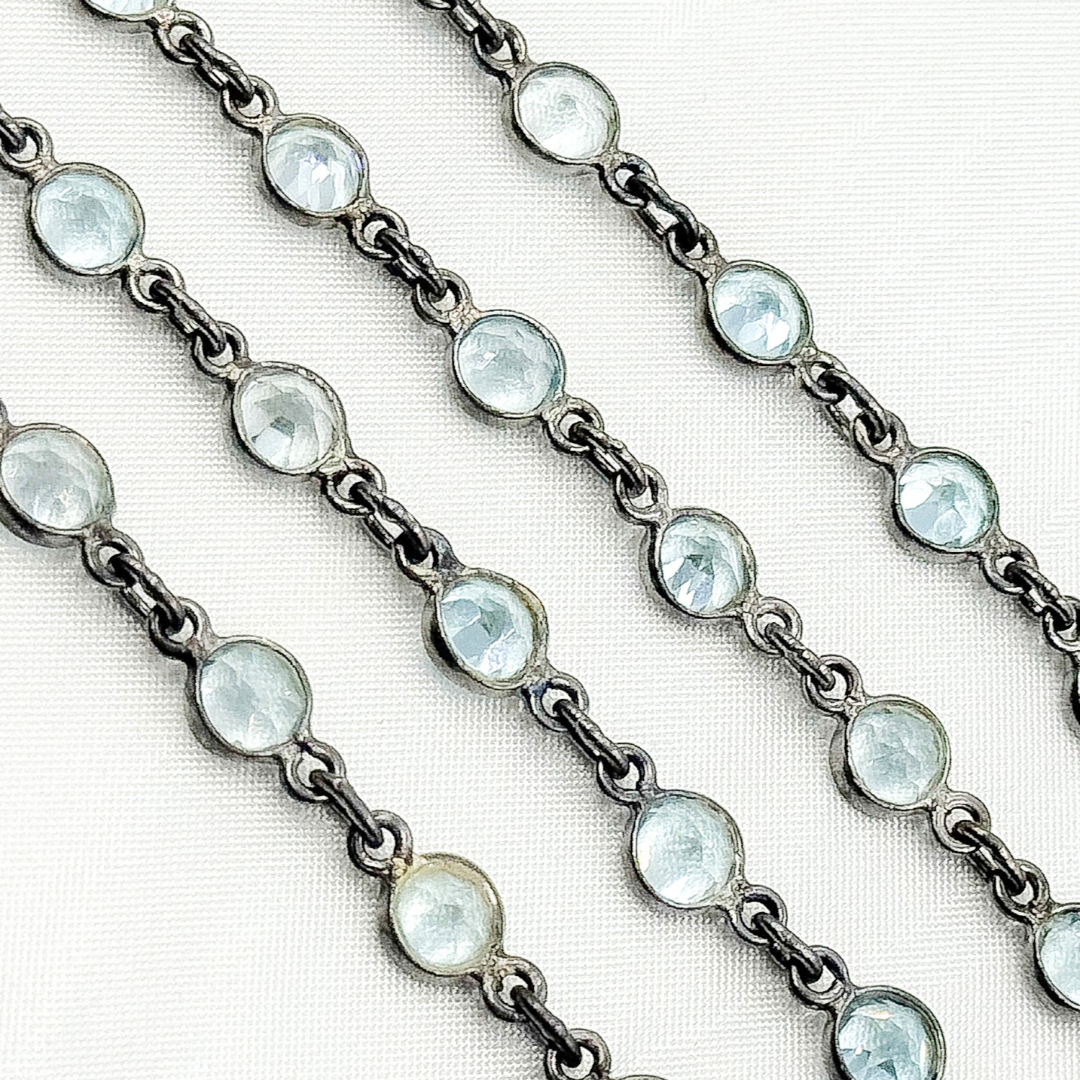 Sky Blue Topaz Round Shape Bezel Oxidized Wire Chain.