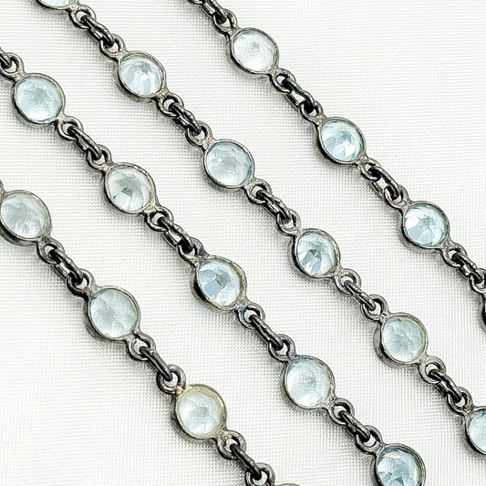 Sky Blue Topaz Round Shape Bezel Oxidized Wire Chain.