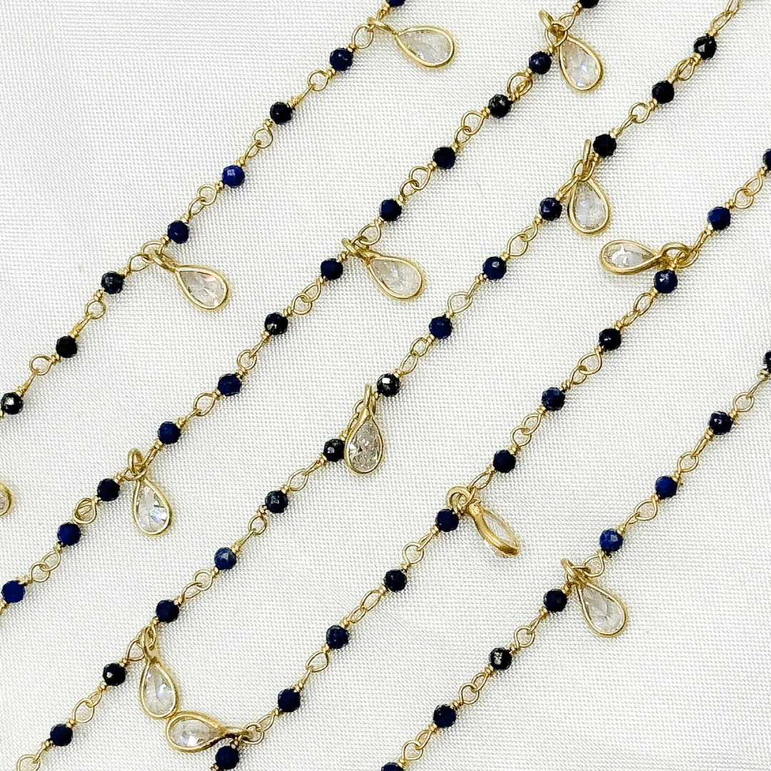 Lapis Lazuli & CZ Dangle Gold Plated Wire Chain. LAP13