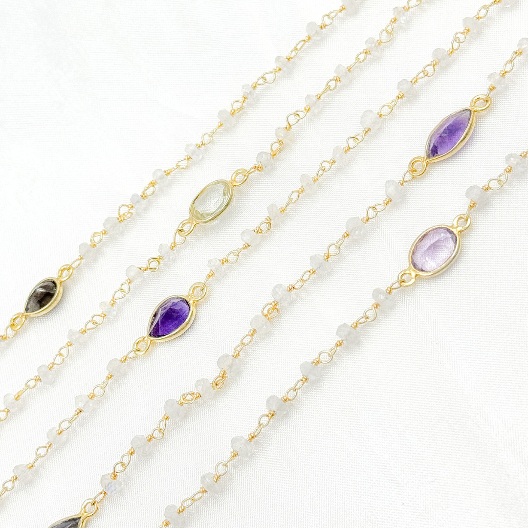 White Moonstone & Multi Stone Gold Plated Wire Chain.