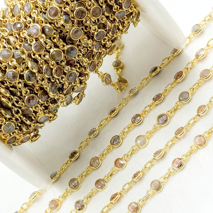 Coated Chocolate Moonstone Round Shape Bezel Gold Plated Wire Chain.