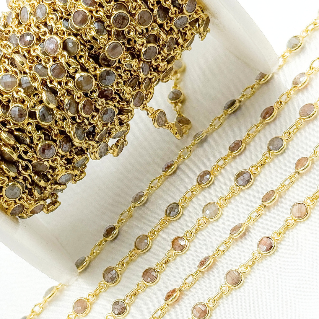 Coated Chocolate Moonstone Round Shape Bezel Gold Plated Wire Chain. CMS109