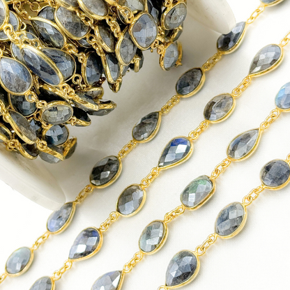 Coated Labradorite Mix Shape Bezel Gold Plated Wire Chain.