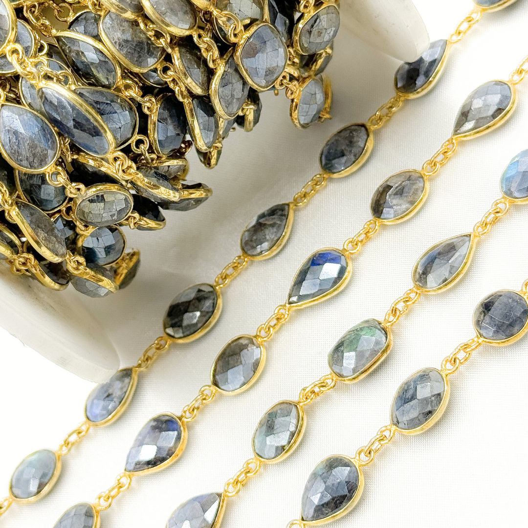 Coated Labradorite Mix Shape Bezel Gold Plated Wire Chain. CLB66