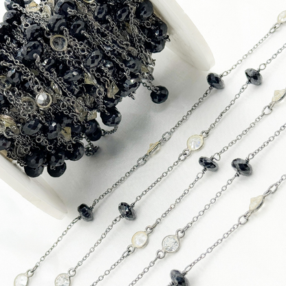 Black Spinel Rondel Shape & White Topaz Oxidized Connected Wire Chain.
