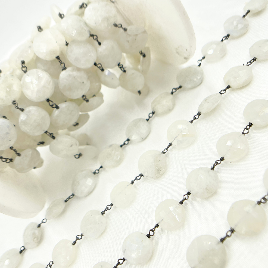 White Moonstone Coin Shape Oxidized Wire Chain.