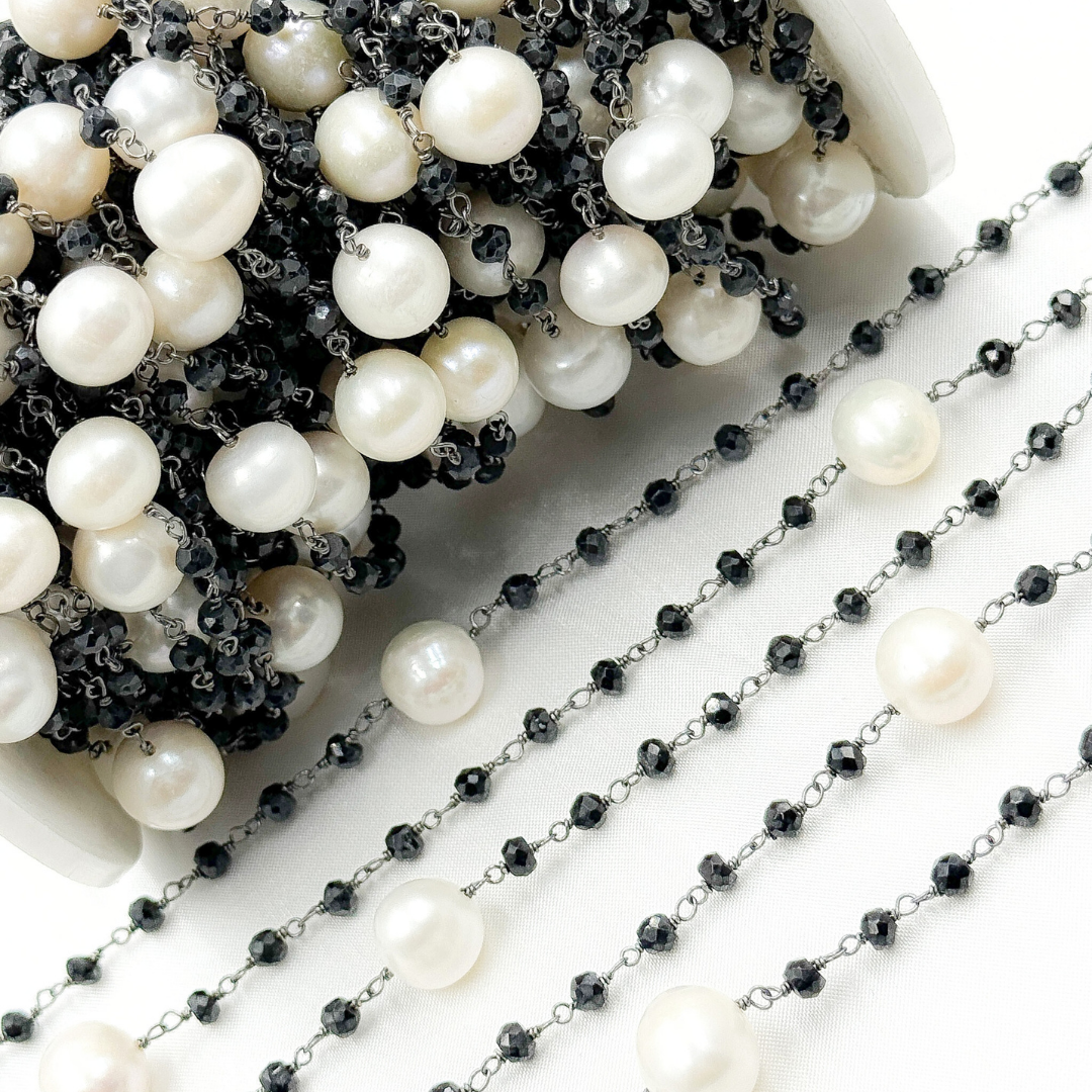 Black Spinel & Pearl Oxidized 925 Sterling Silver Wire Chain.