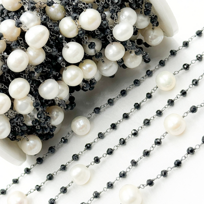 Black Spinel & Pearl Oxidized 925 Sterling Silver Wire Chain.