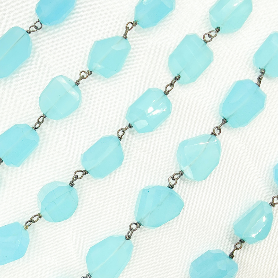 Blue Chalcedony Organic Shape Oxidized Wire Chain. BCL5