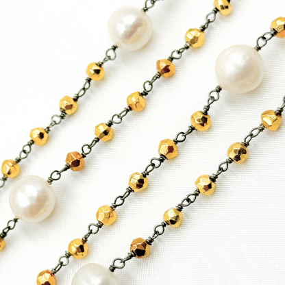Golden Pyrite & Pearl Oxidized 925 Sterling Silver Wire Chain.