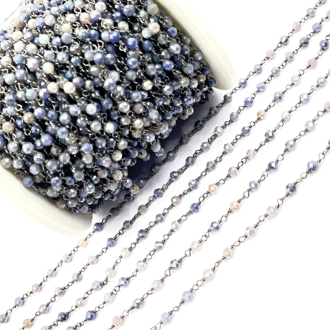 Coated Blue Moonstone Black Rhodium 925 Sterling Silver Wire Chain