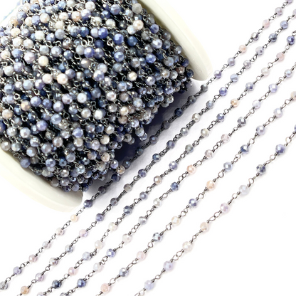 Coated Blue Moonstone Black Rhodium 925 Sterling Silver Wire Chain