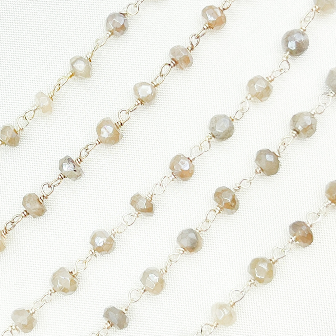 Coated Grey Moonstone 925 Sterling Silver Wire Chain.