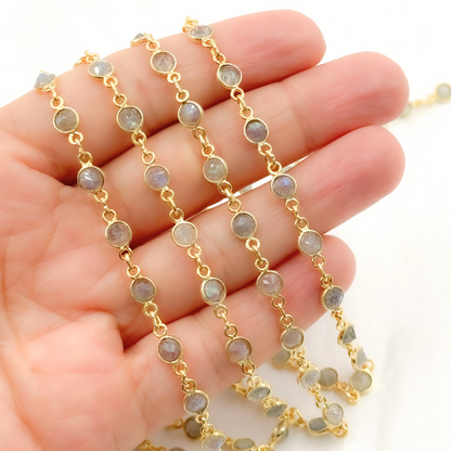 Labradorite Round Shape Bezel Gold Plated Wire Chain