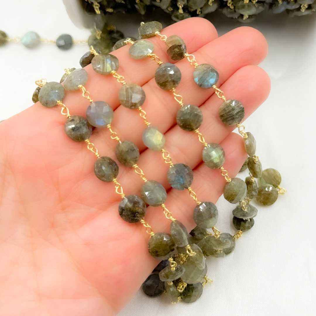 Labradorite Coin Shape Gold Plated 925 Sterling Silver Wire Chain