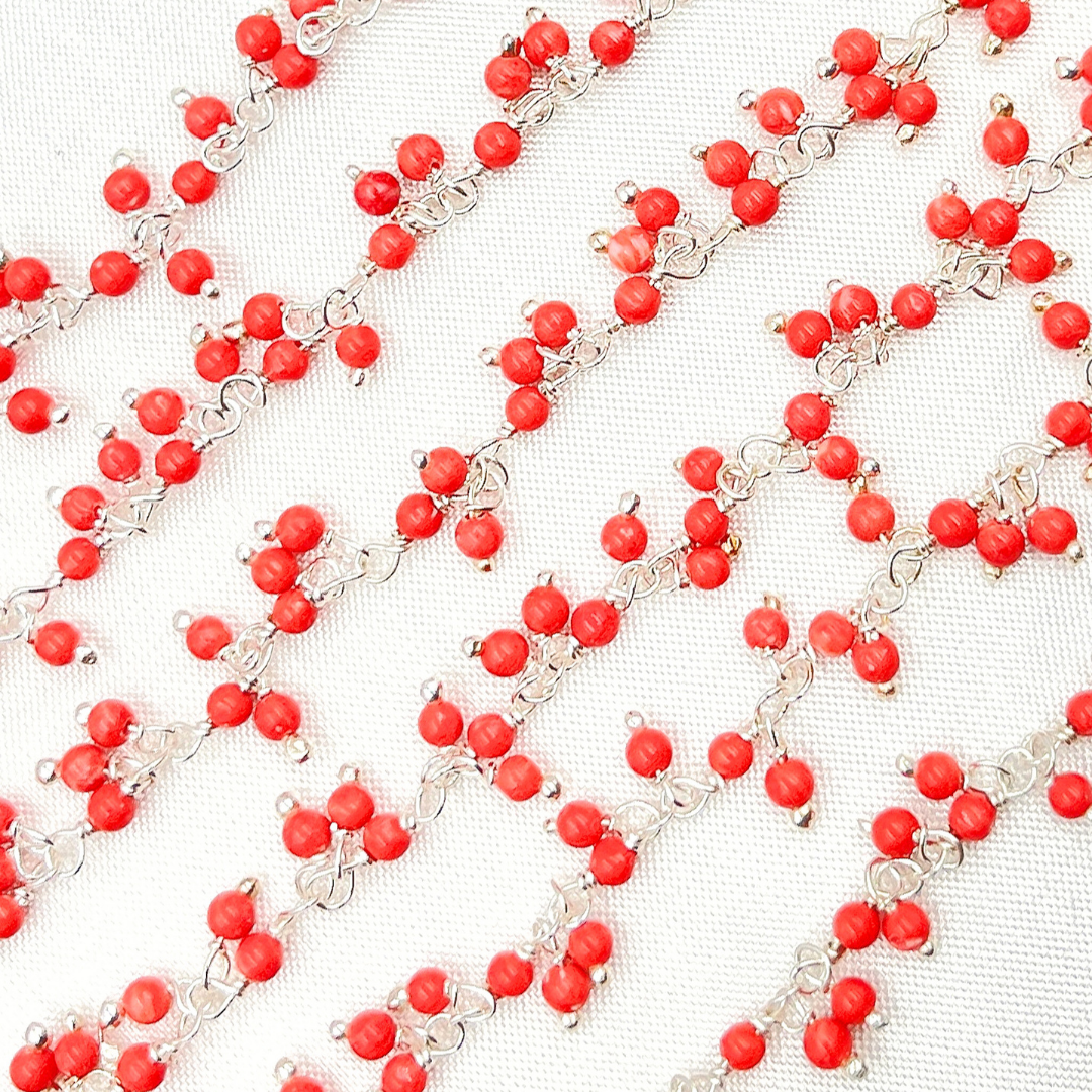 Red Coral Cluster Dangle 925 Sterling Silver Wire Chain.
