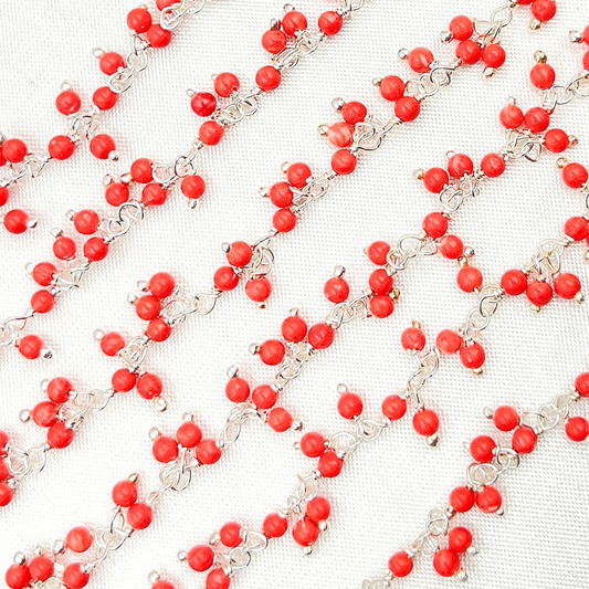 Red Coral Cluster Dangle 925 Sterling Silver Wire Chain.
