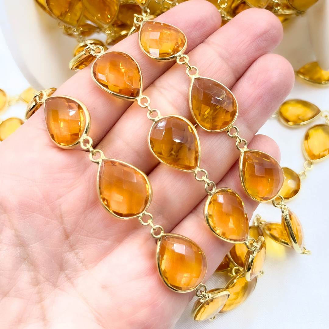 Hydro Quartz Pear Shape Bezel Gold Plated 925 Sterling Silver Wire Chain.