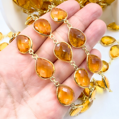 Hydro Quartz Pear Shape Bezel Gold Plated 925 Sterling Silver Wire Chain.