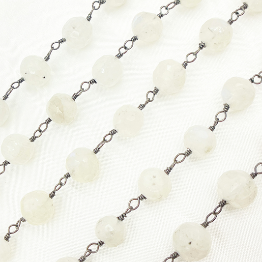 White Moonstone Round Shape Oxidized Wire Chain.
