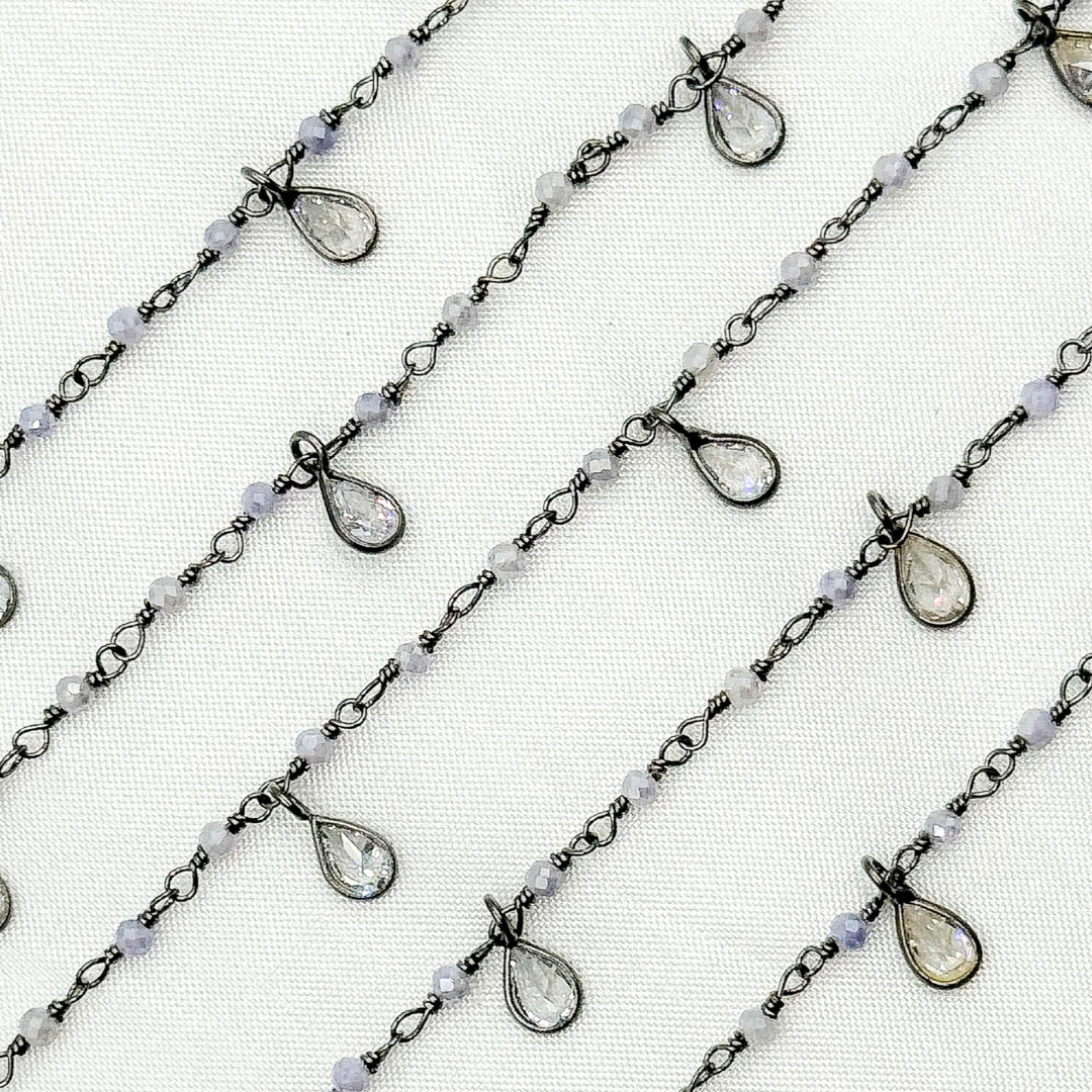 Coated Blue Quartz & CZ Dangle Oxidized Wire Chain.