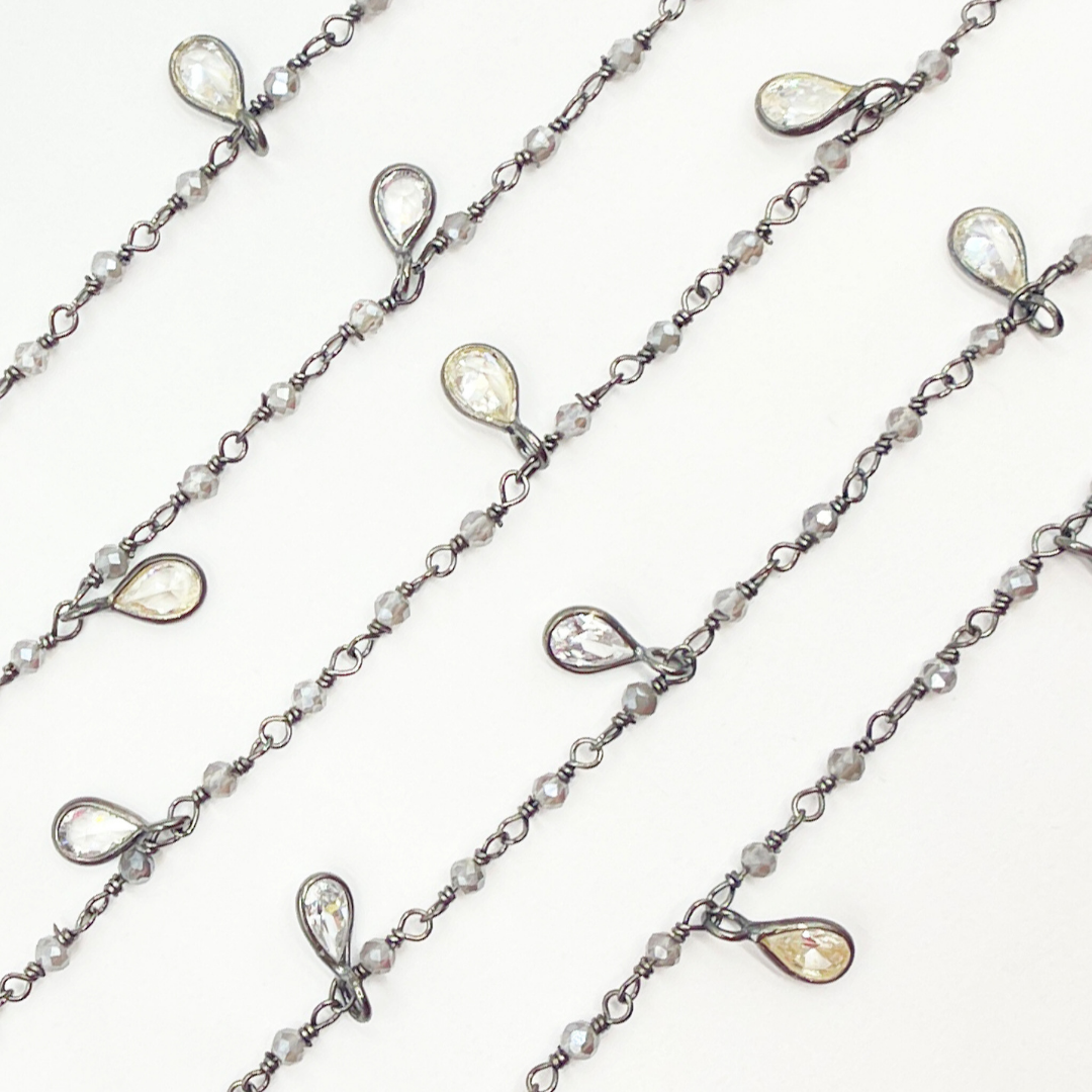 Coated Labradorite & CZ Dangle Oxidized Wire Chain