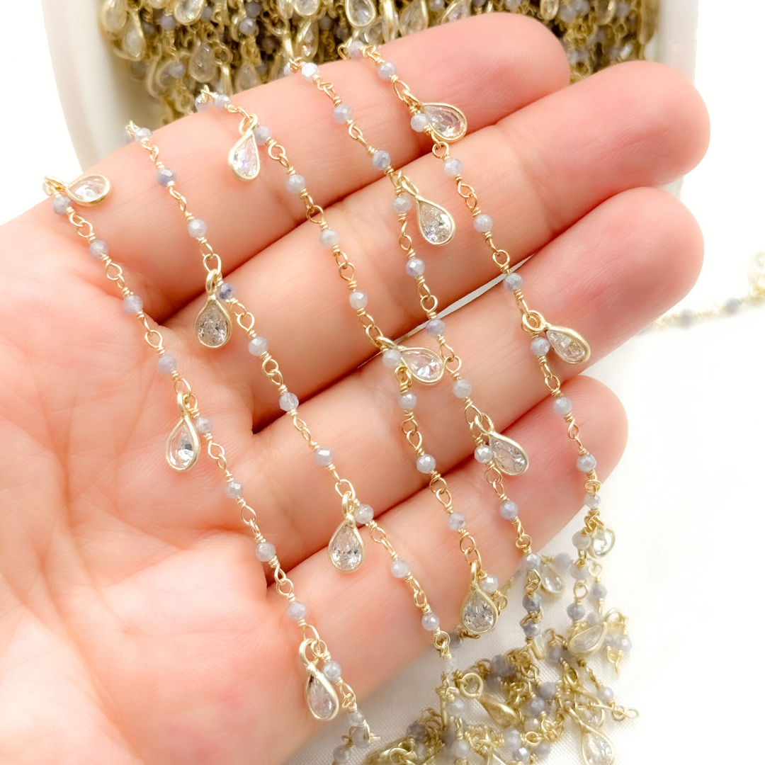 Coated Blue Quartz & CZ Dangle Gold Plated Wire Chain.