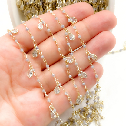 Coated Blue Quartz & CZ Dangle Gold Plated Wire Chain.