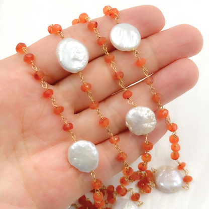 Carnelian & Pearl Round Shape Bezel Gold Plated Wire Chain