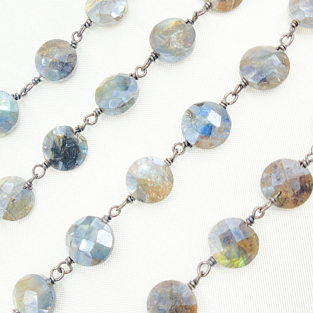 Coated Labradorite Coin Shape Oxidized Wire Chain