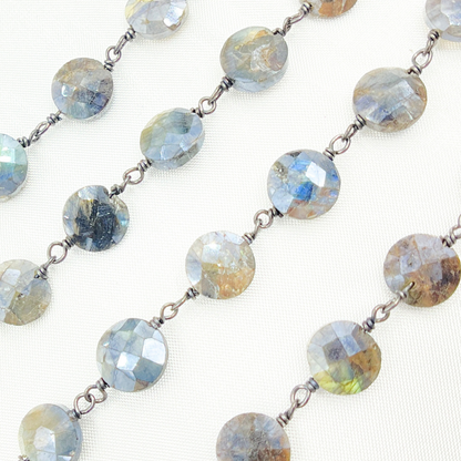 Coated Labradorite Coin Shape Oxidized Wire Chain