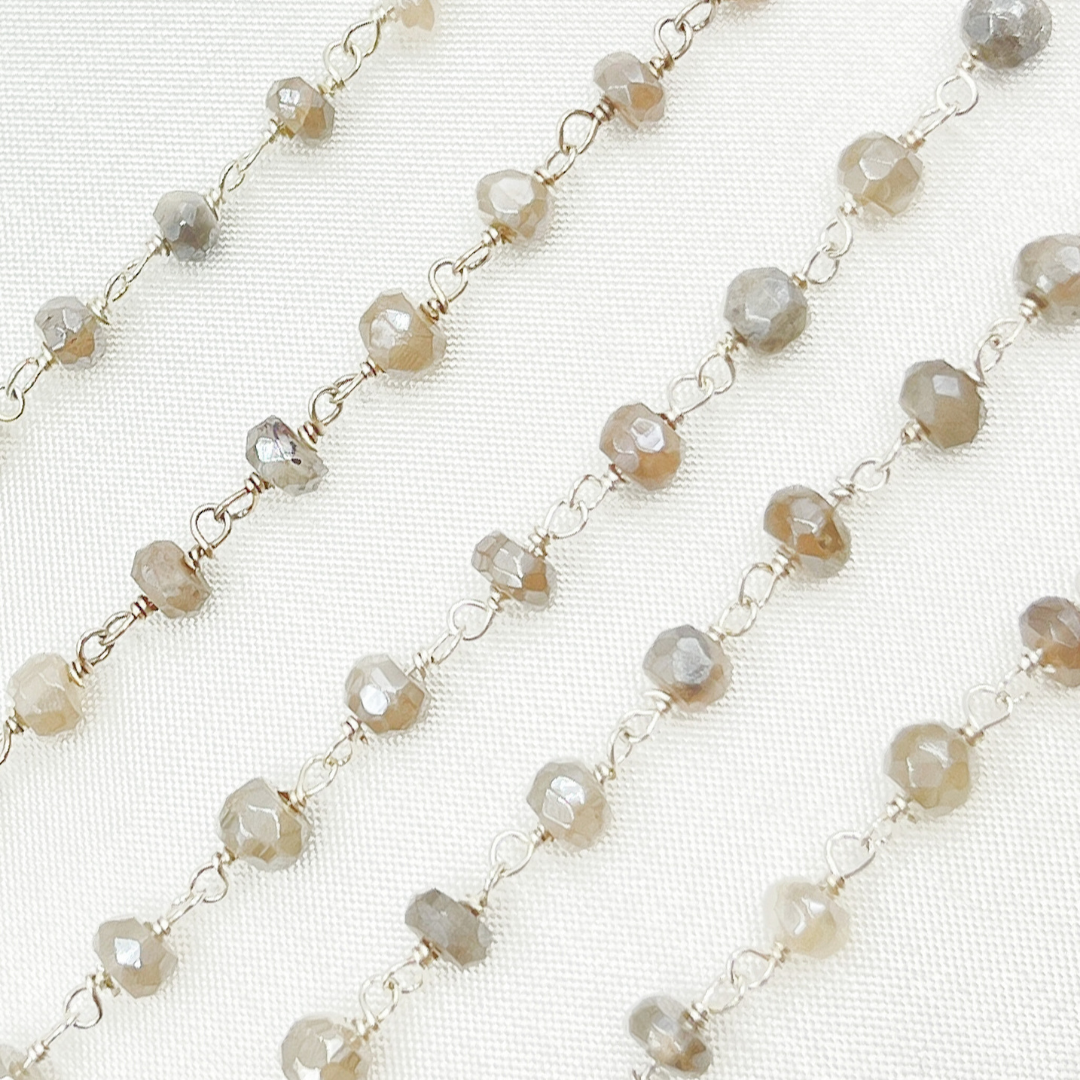 Coated Grey Moonstone 925 Sterling Silver Wire Chain.