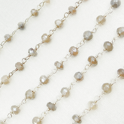 Coated Grey Moonstone 925 Sterling Silver Wire Chain.