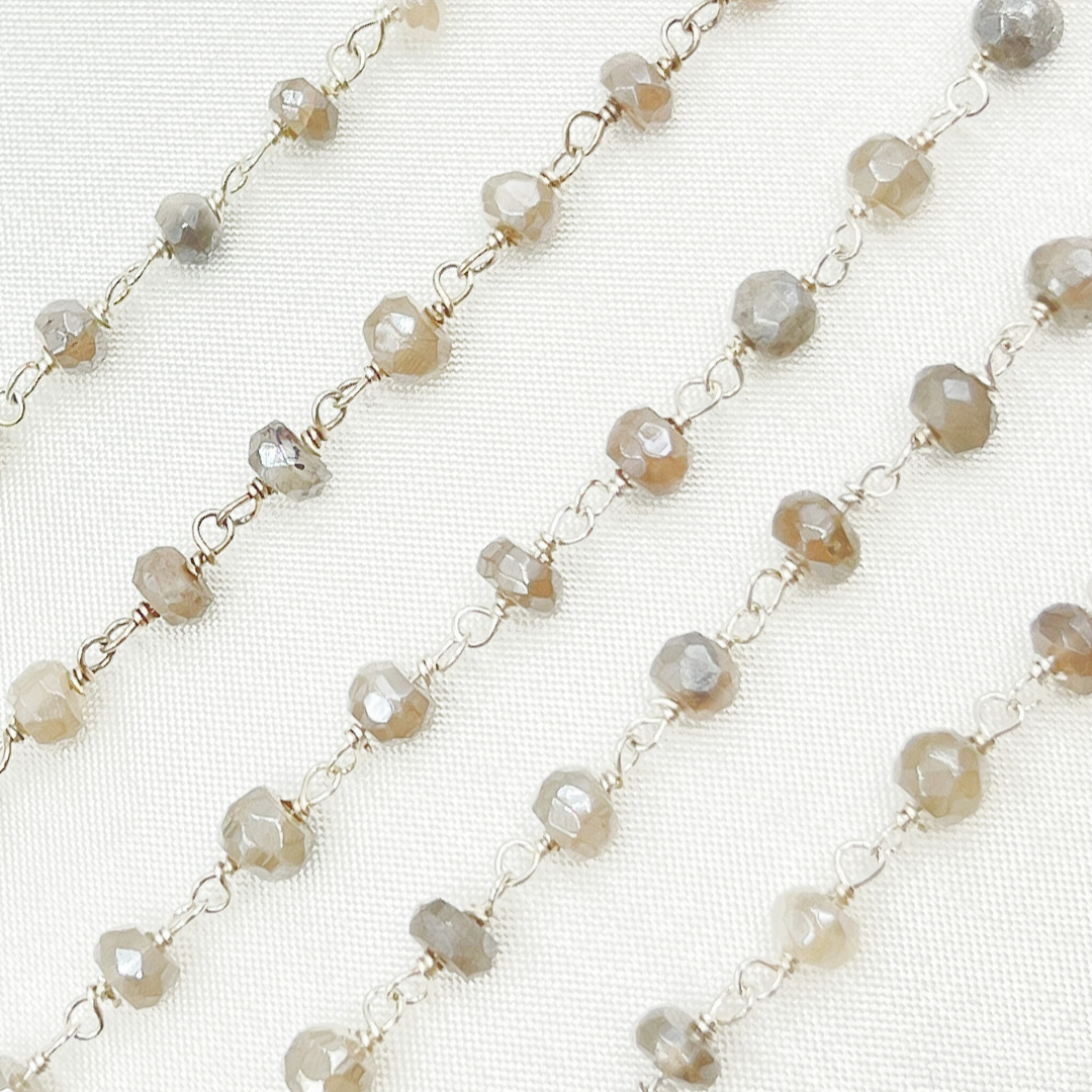 Coated Grey Moonstone 925 Sterling Silver Wire Chain. CMS89