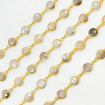 Load image into Gallery viewer, Coated Light Grey Moonstone Round Shape Bezel Gold Plated Wire Chain. CMS113
