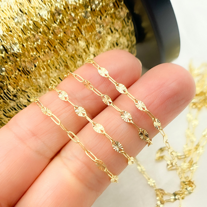 14k Solid Yellow Gold Oval Flat Link & Marina Diamond Cut Link Chain