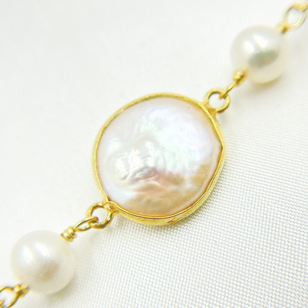 White Freshwater Pearl Organic and Bezel Round Shape Wire Wrap Chain
