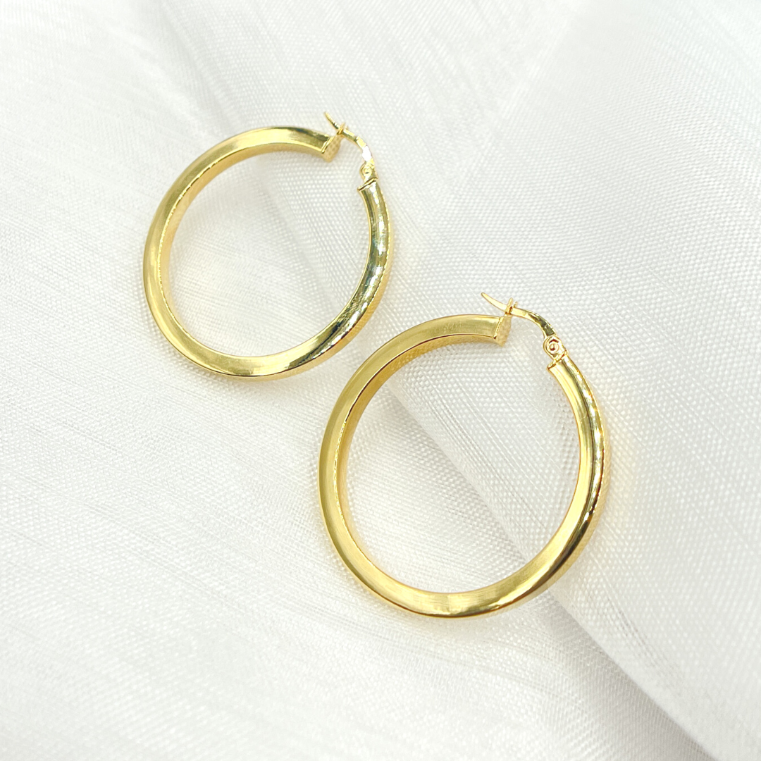 14K Solid Gold Hollow Flat Hoop